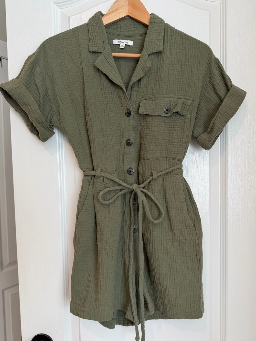 Madewell Olive Green Short Sleeve Romper with Tie Waist XXS